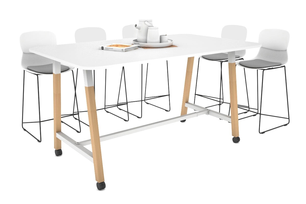 Quadro A Legs Counter Table with Rounded Corners - Wood Legs Cross Beam [1800L x 1100W with Rounded Corners] Jasonl white leg white wheels