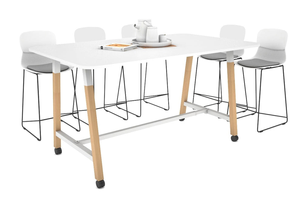 Quadro A Legs Counter Table with Rounded Corners - Wood Legs Cross Beam [1800L x 1100W with Rounded Corners]-white leg white wheels