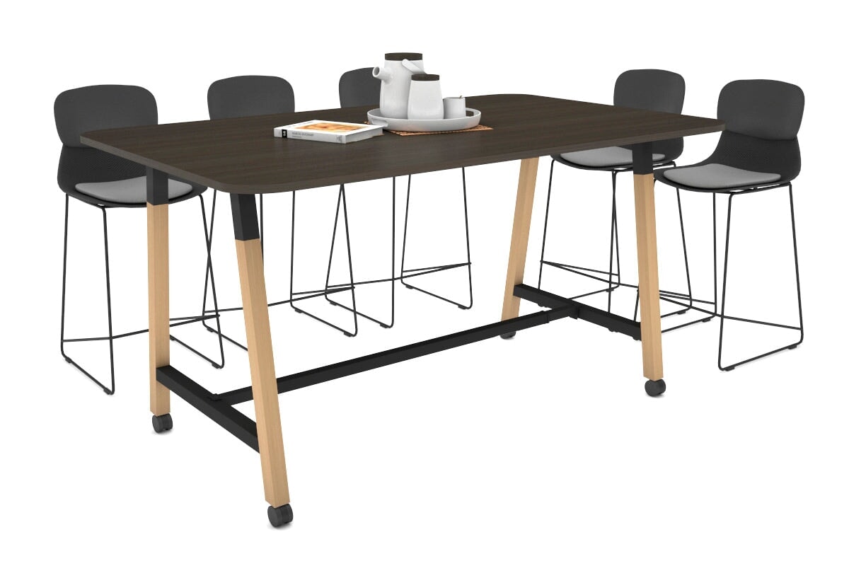 Quadro A Legs Counter Table with Rounded Corners - Wood Legs Cross Beam [1800L x 1100W with Rounded Corners] Jasonl black leg dark oak wheels