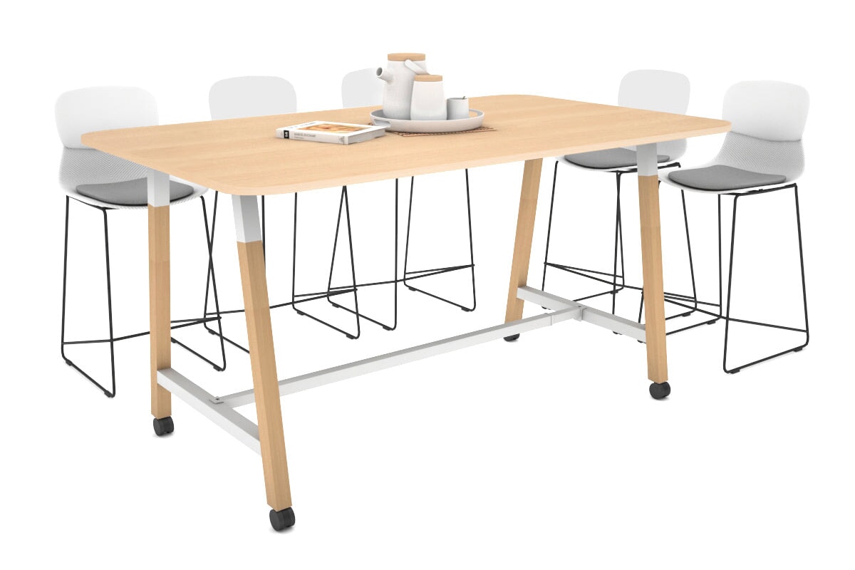 Quadro A Legs Counter Table with Rounded Corners - Wood Legs Cross Beam [1800L x 1100W with Rounded Corners] Jasonl white leg maple wheels