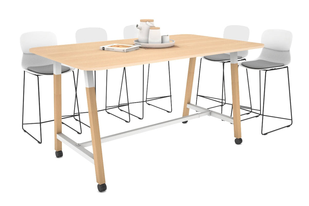 Quadro A Legs Counter Table with Rounded Corners - Wood Legs Cross Beam [1800L x 1100W with Rounded Corners]-white leg maple wheels