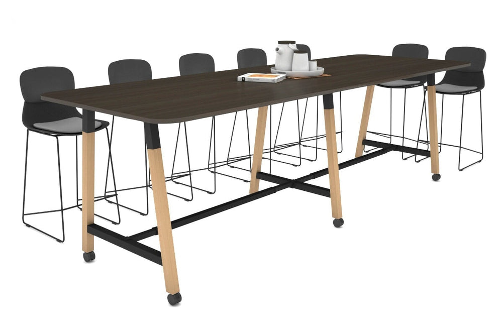 Quadro A Legs Counter Table with Rounded Corners - Wood Legs Cross Beam [3200L x 1100W with Rounded Corners]-black leg dark oak wheels