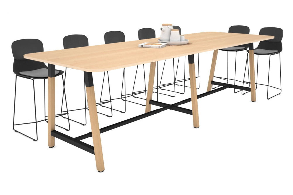 Quadro A Legs Counter Table with Rounded Corners - Wood Legs Cross Beam [3200L x 1100W with Rounded Corners]-black leg maple none