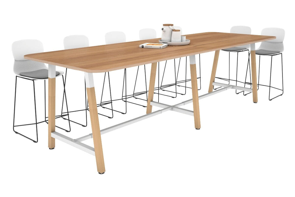 Quadro A Legs Counter Table with Rounded Corners - Wood Legs Cross Beam [3200L x 1100W with Rounded Corners]-white leg salvage oak none