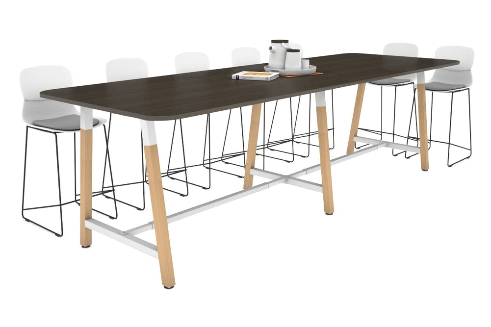Quadro A Legs Counter Table with Rounded Corners - Wood Legs Cross Beam [3200L x 1100W with Rounded Corners]-white leg dark oak none