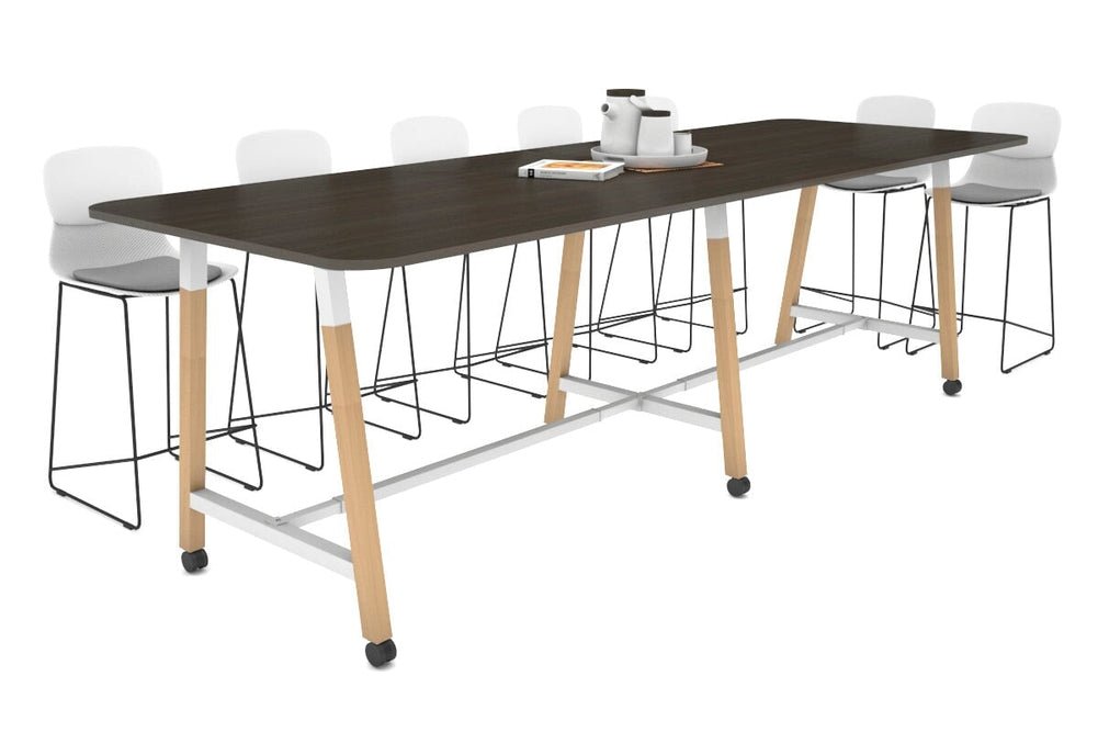 Quadro A Legs Counter Table with Rounded Corners - Wood Legs Cross Beam [3200L x 1100W with Rounded Corners]-white leg dark oak wheels