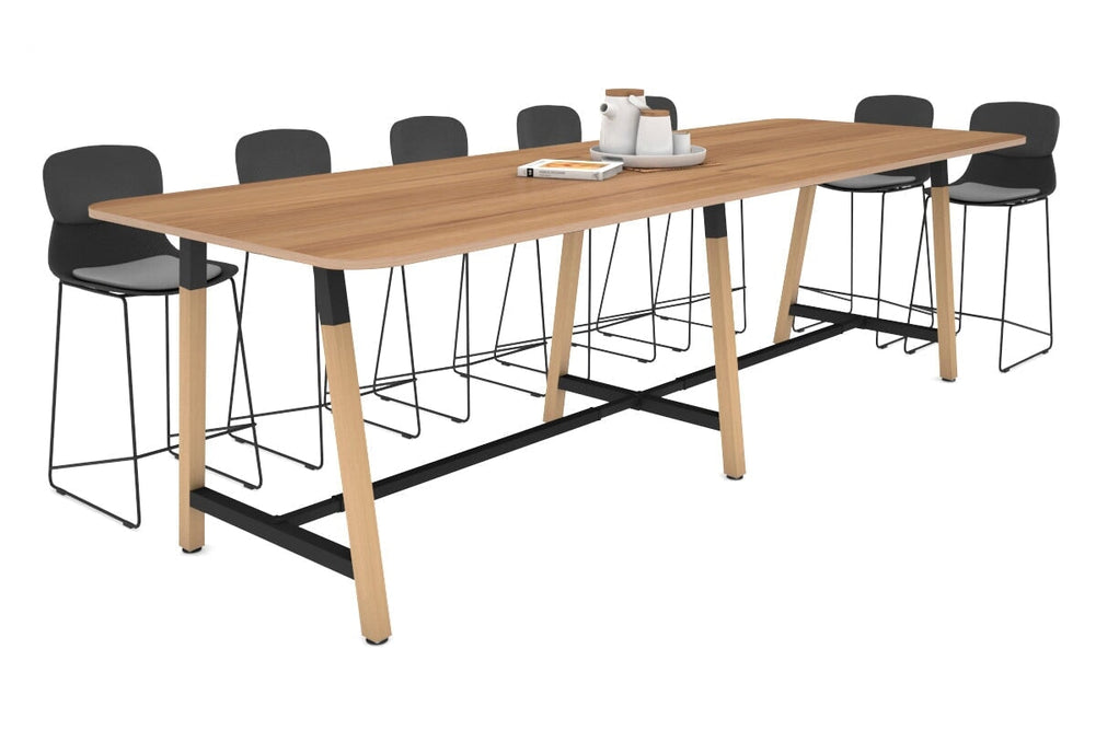 Quadro A Legs Counter Table with Rounded Corners - Wood Legs Cross Beam [3200L x 1100W with Rounded Corners]-black leg salvage oak none