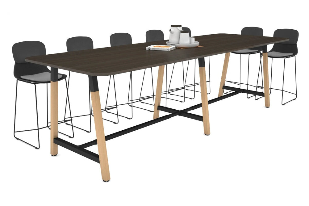 Quadro A Legs Counter Table with Rounded Corners - Wood Legs Cross Beam [3200L x 1100W with Rounded Corners]-black leg dark oak none