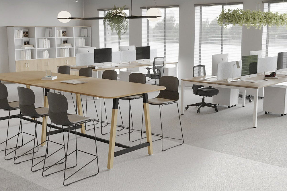 Quadro A Legs Counter Table with Rounded Corners - Wood Legs Cross Beam [3200L x 1100W with Rounded Corners]-black leg dark oak wheels