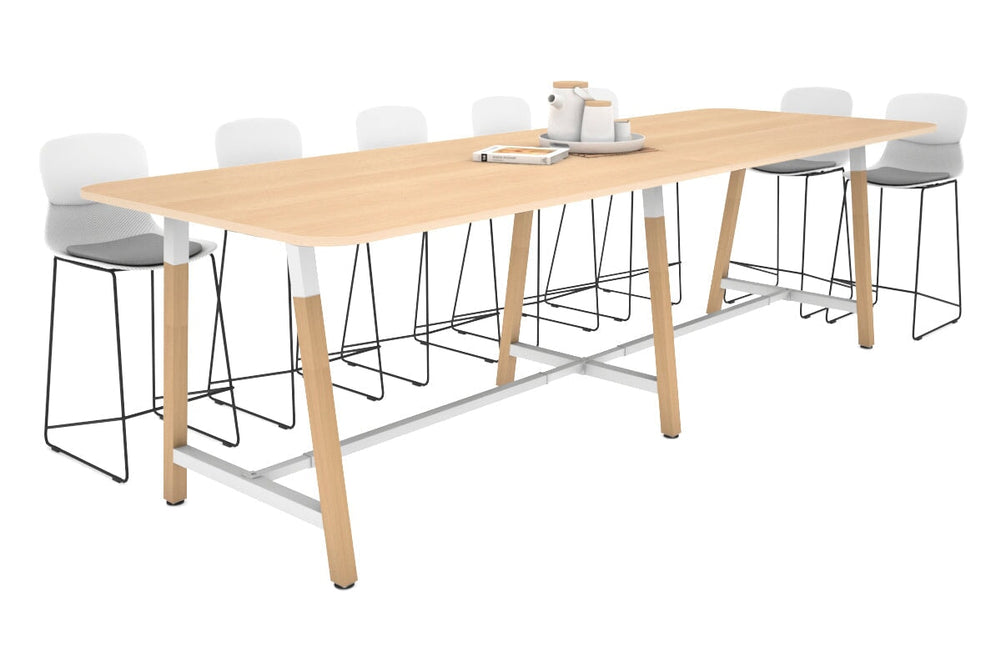 Quadro A Legs Counter Table with Rounded Corners - Wood Legs Cross Beam [3200L x 1100W with Rounded Corners]-white leg maple none