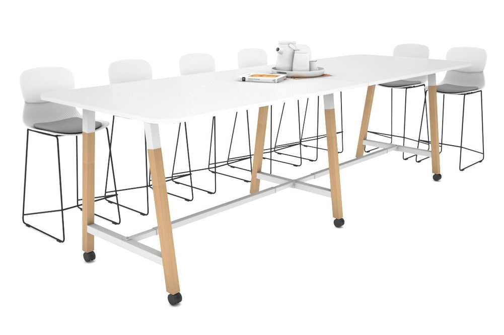 Quadro A Legs Counter Table with Rounded Corners - Wood Legs Cross Beam [3200L x 1100W with Rounded Corners]-white leg white wheels