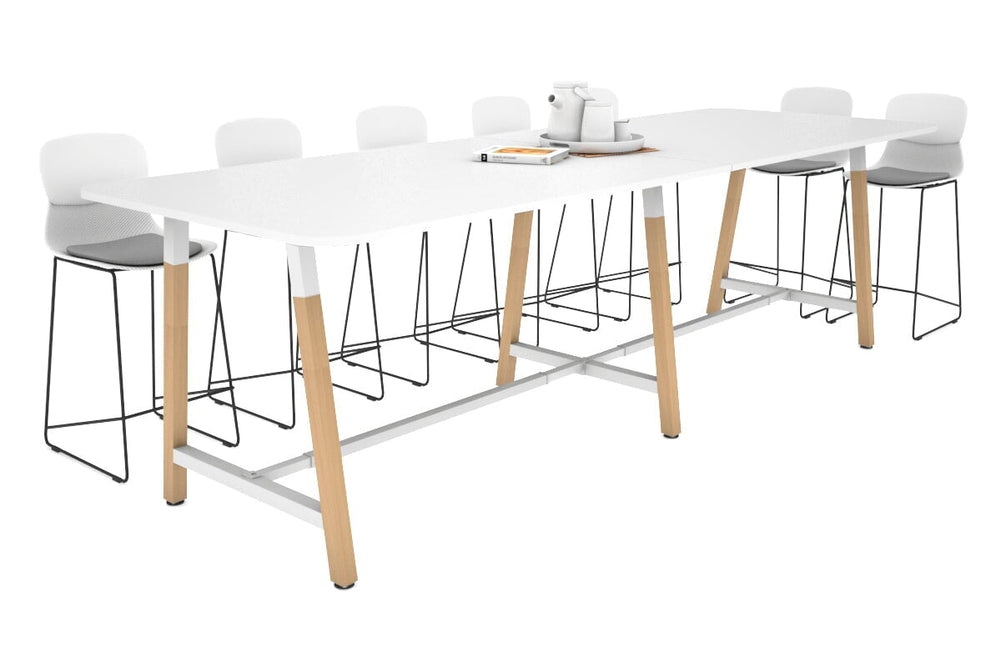 Quadro A Legs Counter Table with Rounded Corners - Wood Legs Cross Beam [3200L x 1100W with Rounded Corners]-white leg white none