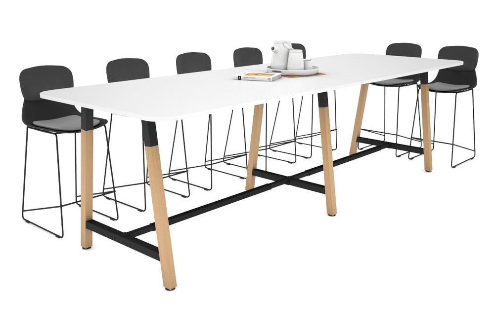 Quadro A Legs Counter Table with Rounded Corners - Wood Legs Cross Beam [3200L x 1100W with Rounded Corners]-black leg white none