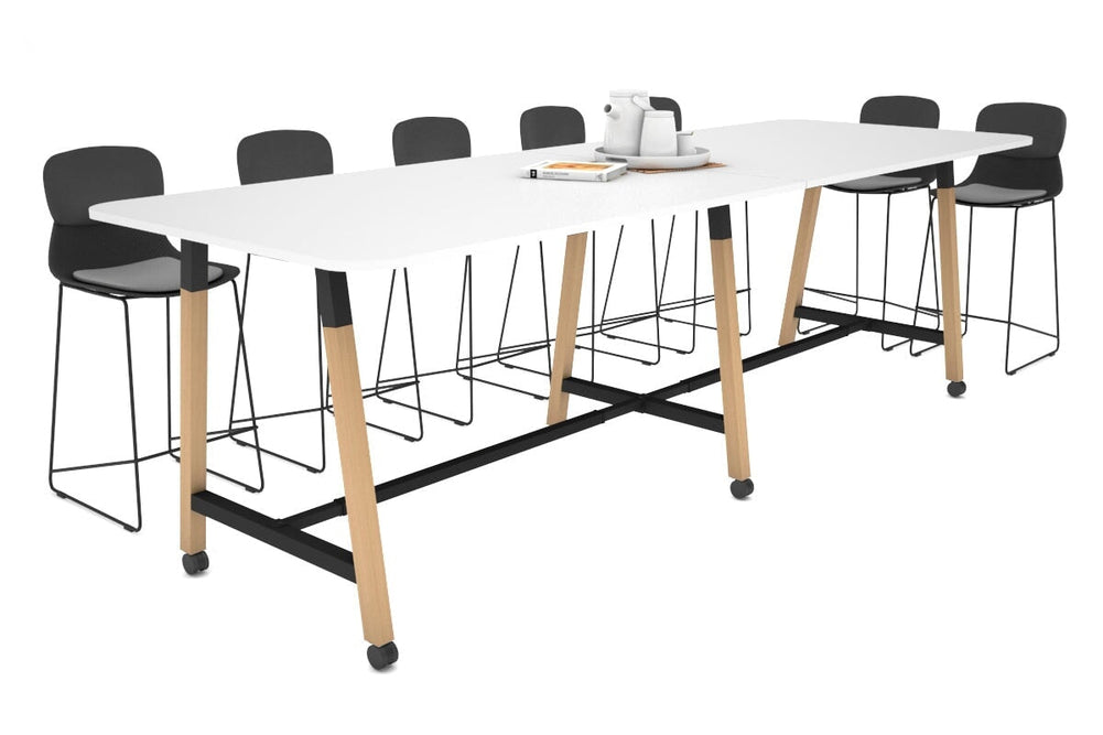 Quadro A Legs Counter Table with Rounded Corners - Wood Legs Cross Beam [3200L x 1100W with Rounded Corners]-black leg white wheels