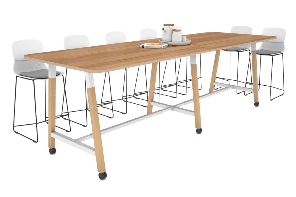 Quadro A Legs Counter Table with Rounded Corners - Wood Legs Cross Beam [3200L x 1100W with Rounded Corners]-white leg salvage oak wheels