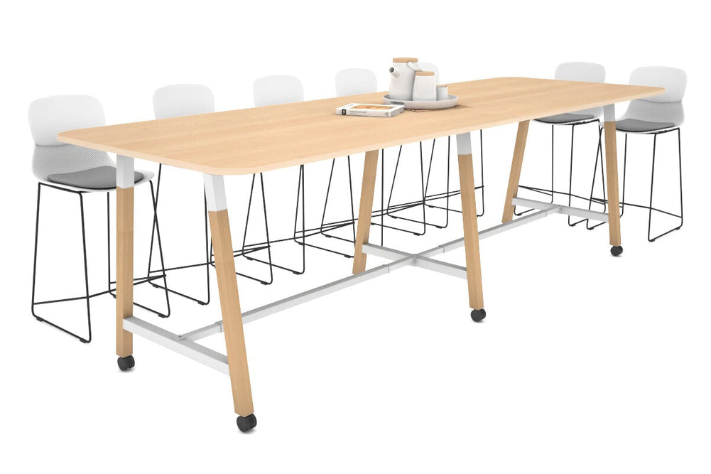 Quadro A Legs Counter Table with Rounded Corners - Wood Legs Cross Beam [3200L x 1100W with Rounded Corners]-white leg maple wheels