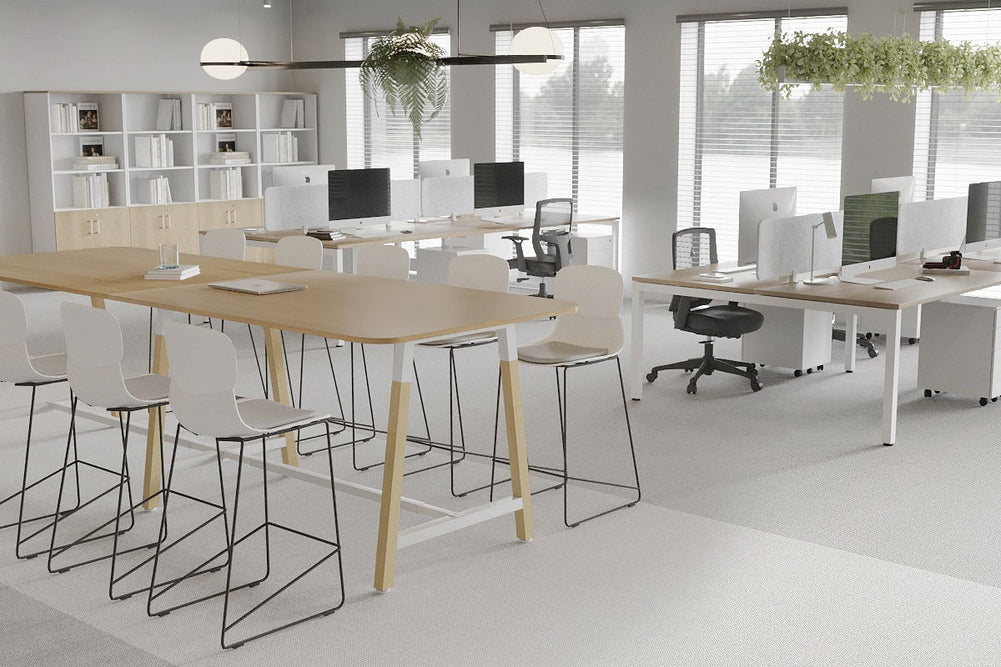 Quadro A Legs Counter Table with Rounded Corners - Wood Legs Cross Beam [3200L x 1100W with Rounded Corners]-black leg dark oak wheels