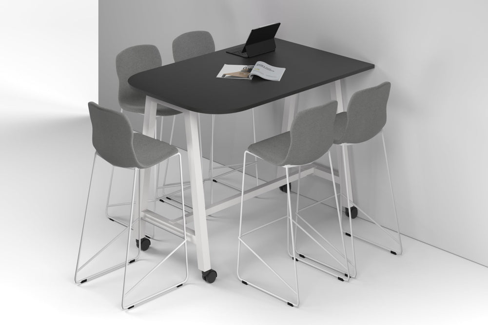 Quadro A Legs Half Counter Table - Large Rounded Corners [1500L x 1000W with Large Rounded Corners]-white leg black wood grain wheels