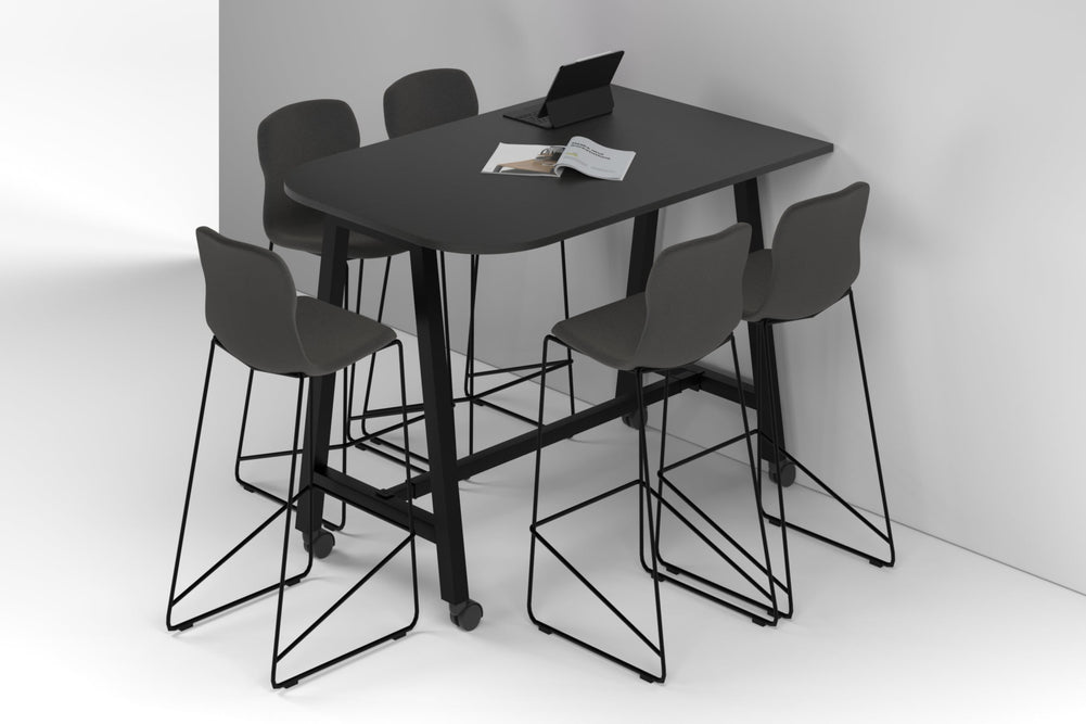 Quadro A Legs Half Counter Table - Large Rounded Corners [1500L x 1000W with Large Rounded Corners]-black leg black wood grain wheels
