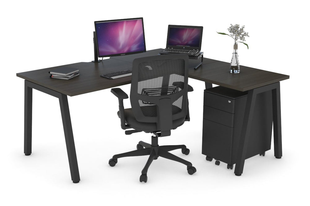 Quadro A Legs L-Shaped Corner Office Desk [1400L x 1550W with Cable Scallop]-black leg dark oak none