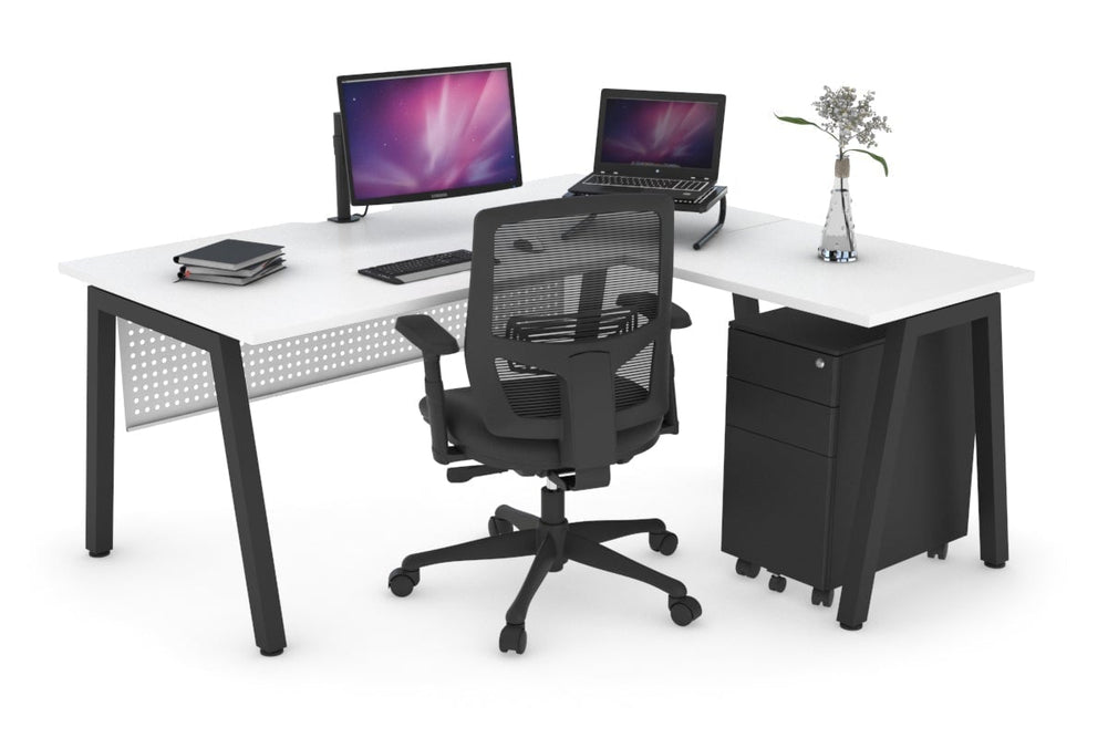 Quadro A Legs L-Shaped Corner Office Desk [1400L x 1550W with Cable Scallop]-black leg white white modesty