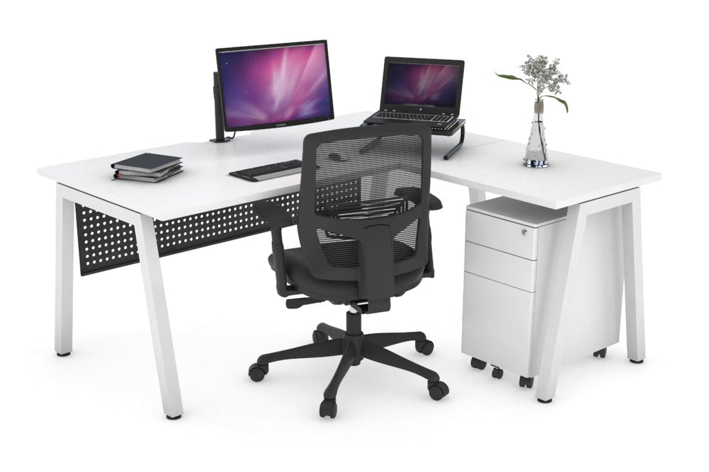 Quadro A Legs L-Shaped Corner Office Desk [1400L x 1800W with Cable Scallop]-white leg white black modesty