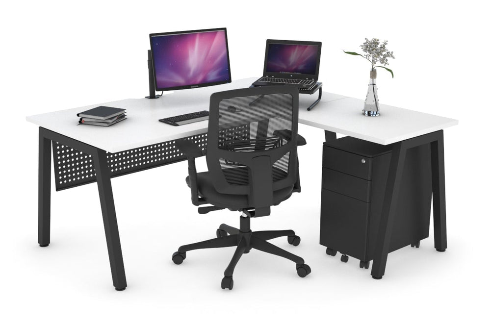 Quadro A Legs L-Shaped Corner Office Desk [1400L x 1800W with Cable Scallop]-black leg white black modesty