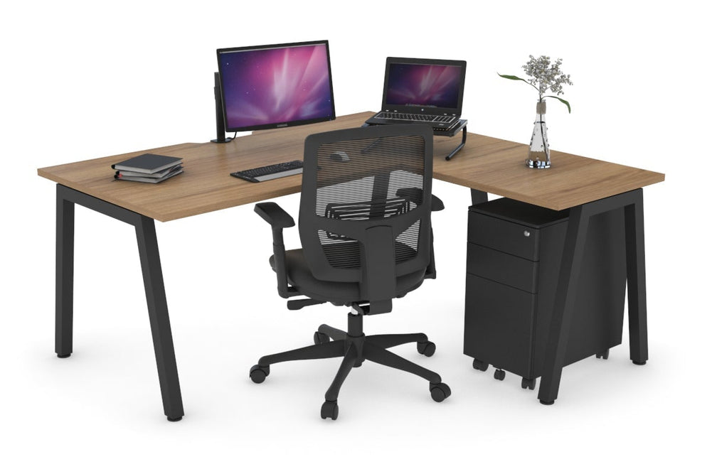 Quadro A Legs L-Shaped Corner Office Desk [1600L x 1800W with Cable Scallop]-black leg salvage oak none