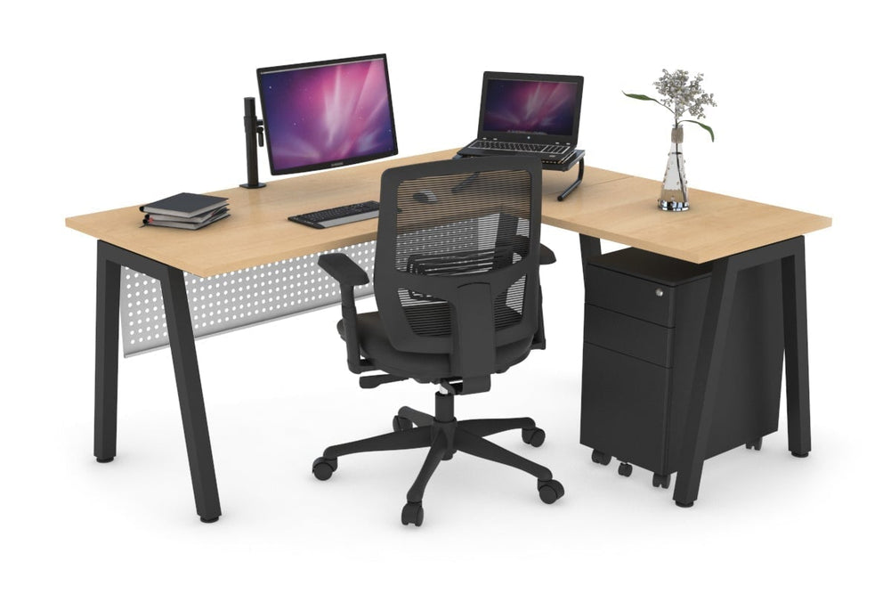 Quadro A Legs L-Shaped Corner Office Desk [1800L x 1700W]-black leg maple white modesty