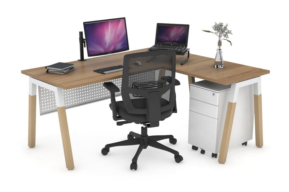Quadro A Legs - L Shaped Corner Office Desk - Wood Legs Cross Beam [1400L x 1450W]-white leg salvage oak white modesty