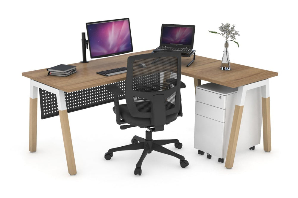 Quadro A Legs - L Shaped Corner Office Desk - Wood Legs Cross Beam [1400L x 1450W]-white leg salvage oak black modesty