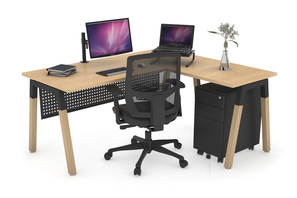 Quadro A Legs - L Shaped Corner Office Desk - Wood Legs Cross Beam [1400L x 1450W]-black leg maple black modesty