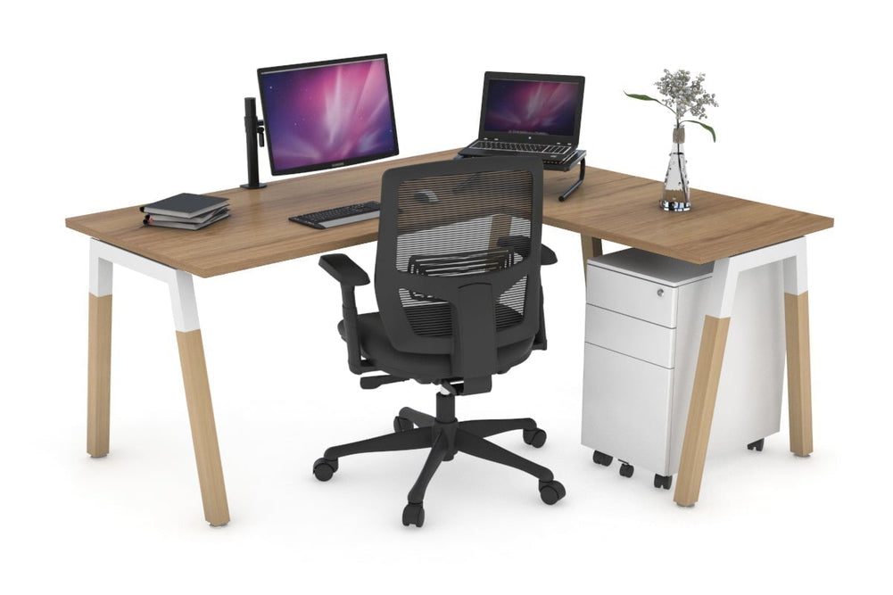 Quadro A Legs - L Shaped Corner Office Desk - Wood Legs Cross Beam [1400L x 1450W]-white leg salvage oak none