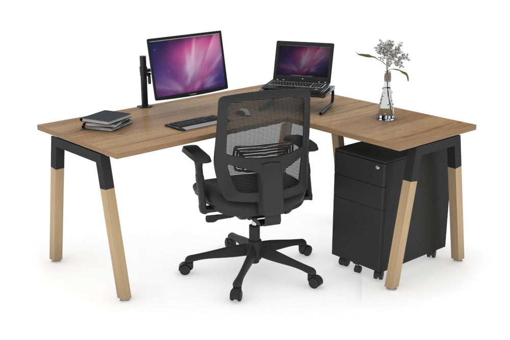 Quadro A Legs - L Shaped Corner Office Desk - Wood Legs Cross Beam [1400L x 1450W]-black leg dark oak white modesty