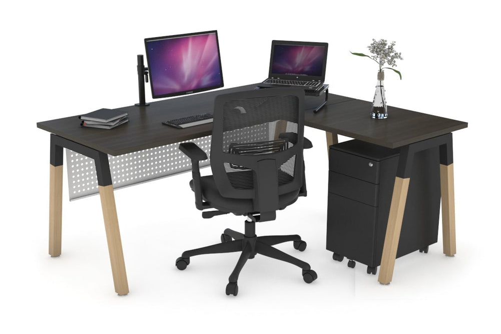 Quadro A Legs - L Shaped Corner Office Desk - Wood Legs Cross Beam [1400L x 1450W]-black leg dark oak white modesty