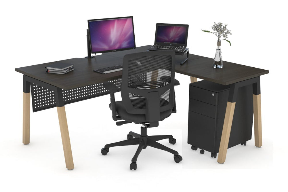 Quadro A Legs - L Shaped Corner Office Desk - Wood Legs Cross Beam [1400L x 1550W with Cable Scallop]-black leg dark oak black modesty