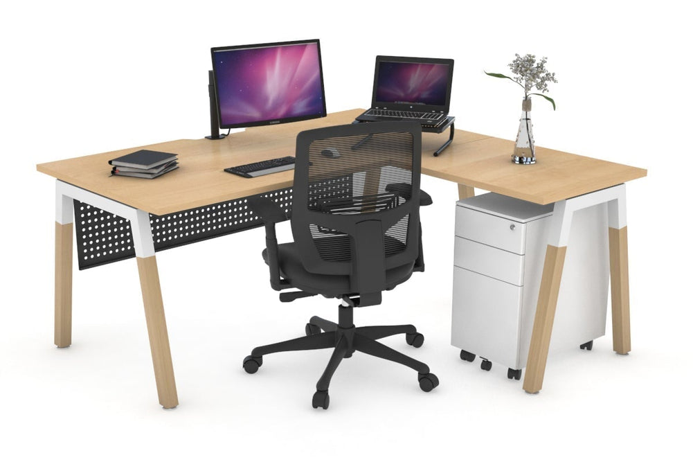 Quadro A Legs - L Shaped Corner Office Desk - Wood Legs Cross Beam [1400L x 1550W with Cable Scallop]-white leg maple black modesty