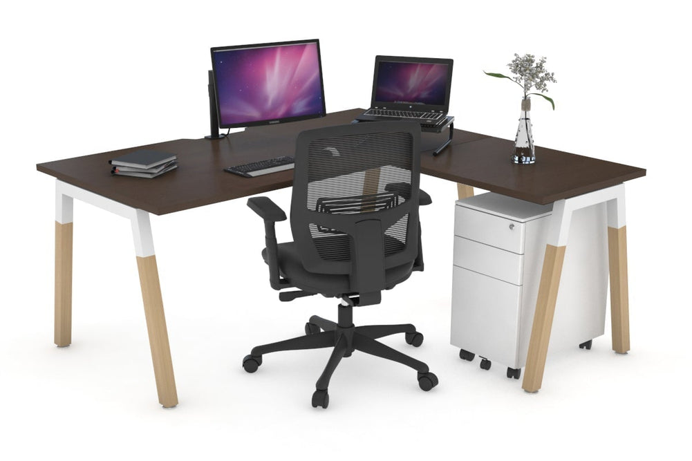 Quadro A Legs - L Shaped Corner Office Desk - Wood Legs Cross Beam [1400L x 1550W with Cable Scallop]-black leg dark oak white modesty