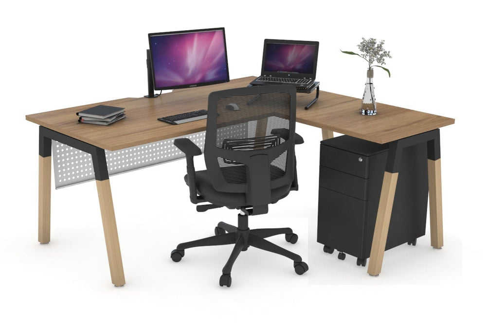 Quadro A Legs - L Shaped Corner Office Desk - Wood Legs Cross Beam [1400L x 1550W with Cable Scallop]-black leg salvage oak white modesty