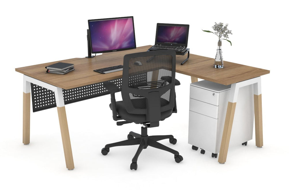Quadro A Legs - L Shaped Corner Office Desk - Wood Legs Cross Beam [1400L x 1550W with Cable Scallop]-white leg salvage oak black modesty