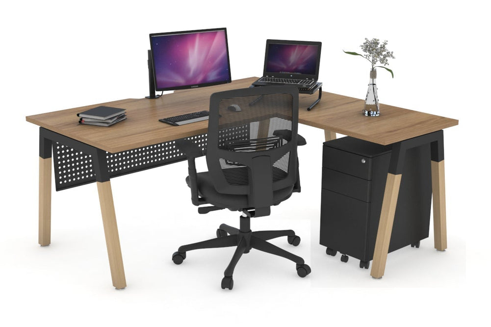 Quadro A Legs - L Shaped Corner Office Desk - Wood Legs Cross Beam [1400L x 1550W with Cable Scallop]-black leg salvage oak black modesty