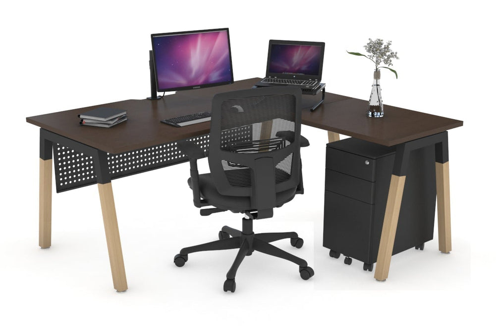 Quadro A Legs - L Shaped Corner Office Desk - Wood Legs Cross Beam [1400L x 1550W with Cable Scallop]-black leg dark oak white modesty