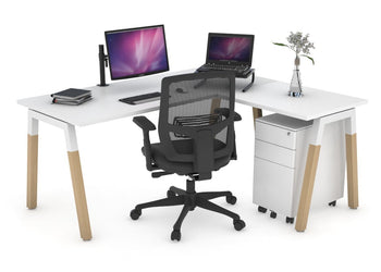 Quadro A Legs - L Shaped Corner Office Desk - Wood Legs Cross Beam [1400L x 1700W] Jasonl white leg white none