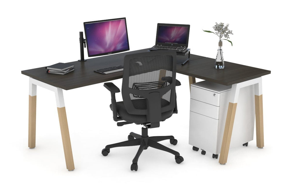 Quadro A Legs - L Shaped Corner Office Desk - Wood Legs Cross Beam [1600L x 1450W]-black leg dark oak white modesty