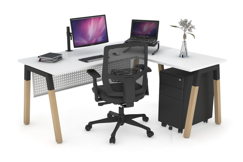 Quadro A Legs - L Shaped Corner Office Desk - Wood Legs Cross Beam [1600L x 1450W]-black leg white white modesty