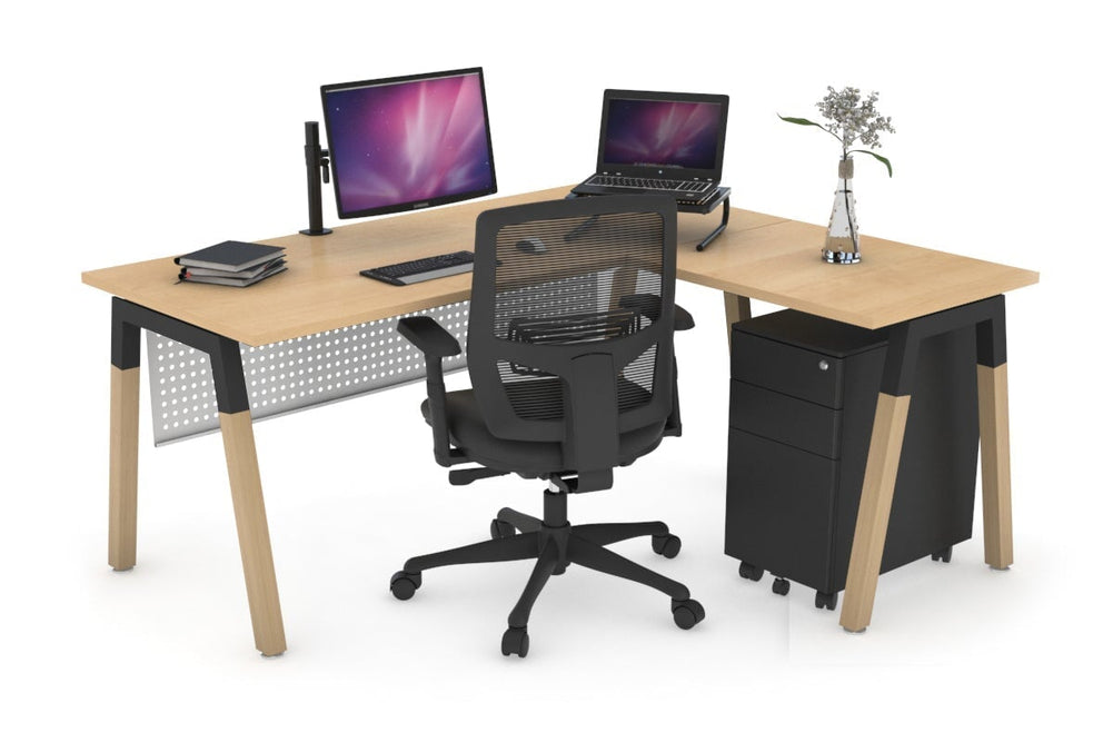 Quadro A Legs - L Shaped Corner Office Desk - Wood Legs Cross Beam [1600L x 1450W]-black leg maple white modesty