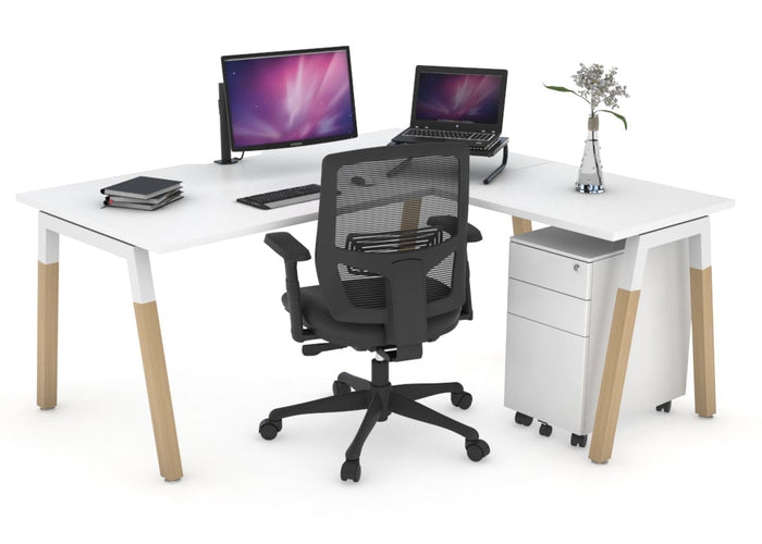 Quadro A Legs - L Shaped Corner Office Desk - Wood Legs Cross Beam [1600L x 1550W with Cable Scallop] Jasonl 