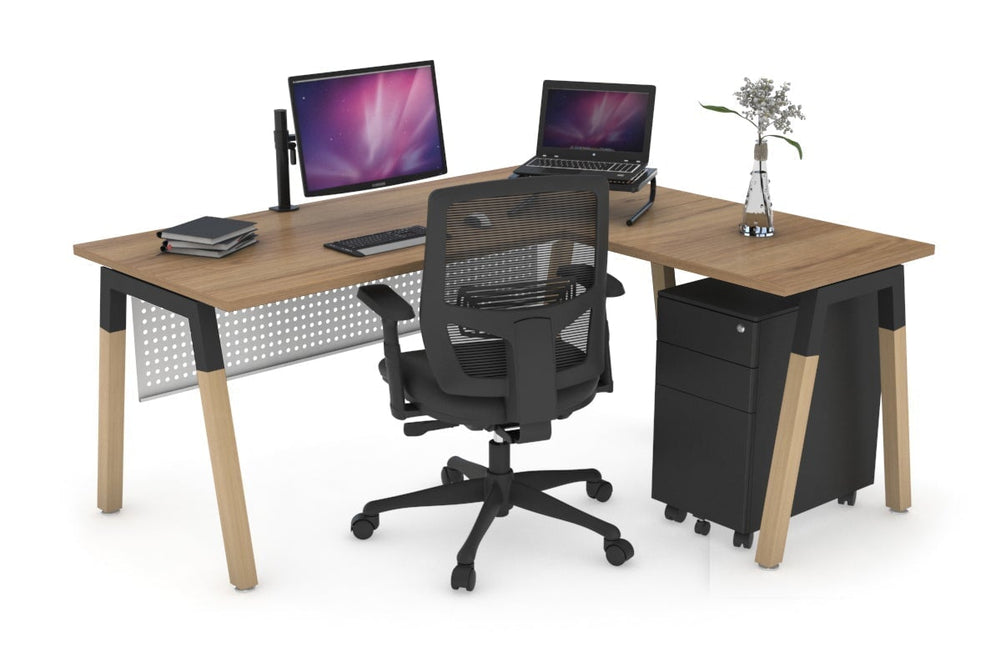 Quadro A Legs - L Shaped Corner Office Desk - Wood Legs Cross Beam [1600L x 1700W]-black leg salvage oak white modesty