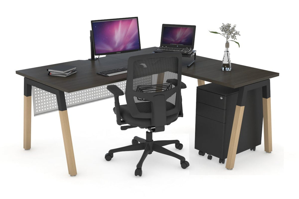 Quadro A Legs - L Shaped Corner Office Desk - Wood Legs Cross Beam [1600L x 1800W with Cable Scallop]-black leg dark oak white modesty