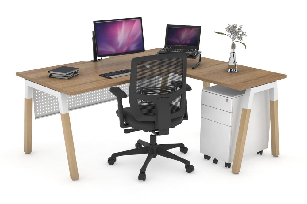 Quadro A Legs - L Shaped Corner Office Desk - Wood Legs Cross Beam [1600L x 1800W with Cable Scallop]-white leg salvage oak white modesty